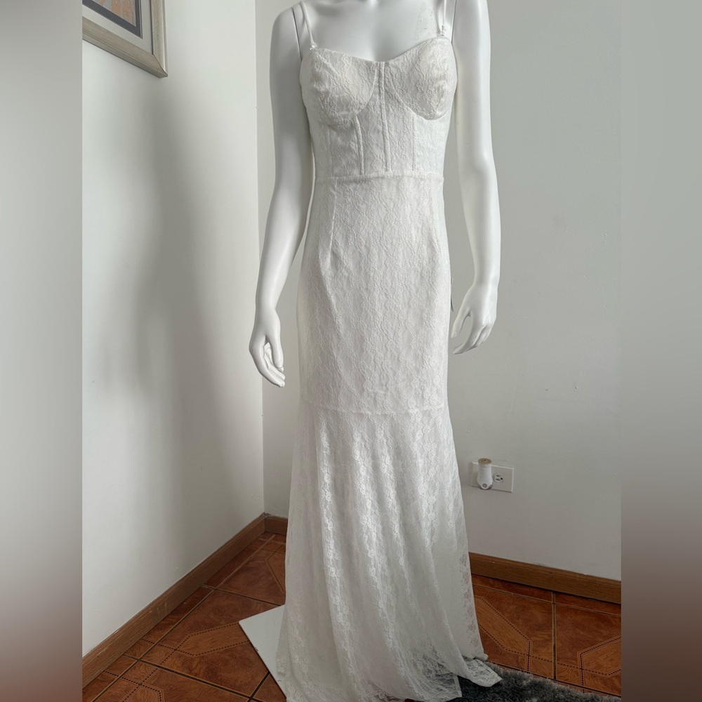Lulus White Lace Bustier Maxi Dress – Size L – Stretch Fit Bridal Gown – New - Picture 7 of 16
